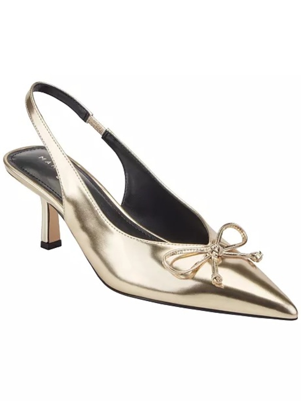 Marc Fisher Gold Pointed Toe Slingback Kitten Heel with Bow Accent